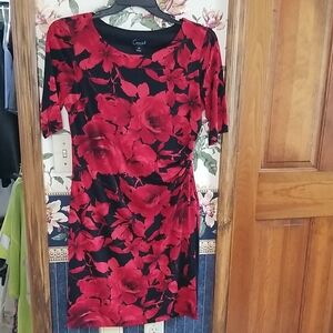 Connected Apparel Black and Red Floral Petite Midi Dress